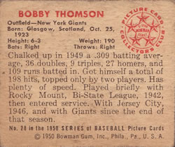 1950 Bowman #28 Bobby Thomson Back