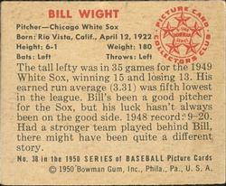 1950 Bowman #38 Bill Wight Back