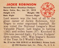 1950 Bowman #22 Jackie Robinson Back