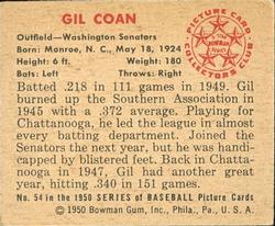 1950 Bowman #54 Gil Coan Back