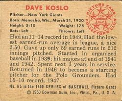 1950 Bowman #65 Dave Koslo Back