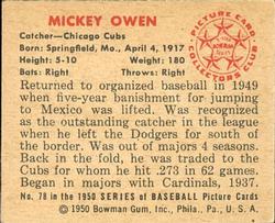 1950 Bowman #78 Mickey Owen Back