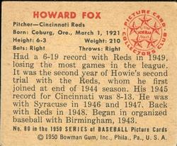 1950 Bowman #80 Howard Fox Back