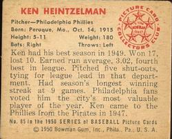 1950 Bowman #85 Ken Heintzelman Back