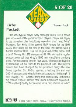 1992 Fleer - Team Leaders #5 Kirby Puckett Back