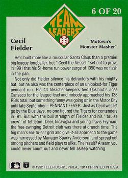 1992 Fleer - Team Leaders #6 Cecil Fielder Back