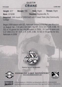 2010 Choice Vermont Lake Monsters #4 Dustin Crane Back