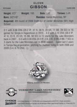 2010 Choice Vermont Lake Monsters #8 Glenn Gibson Back