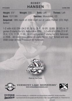2010 Choice Vermont Lake Monsters #9 Bobby Hansen Back