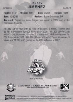 2010 Choice Vermont Lake Monsters #13 Hendry Jimenez Back