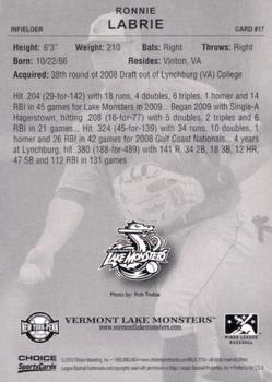 2010 Choice Vermont Lake Monsters #17 Ronnie Labrie Back