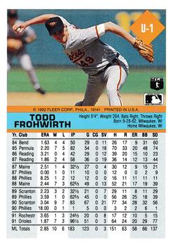 1992 Fleer Update #U-1 Todd Frohwirth Back