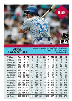 1992 Fleer Update #U-59 Jose Canseco Back
