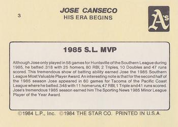 1986 Star Jose Canseco - Glossy #3 Jose Canseco Back