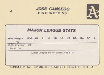 1986 Star Jose Canseco - Glossy #4 Jose Canseco Back