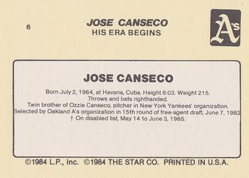 1986 Star Jose Canseco - Glossy #6 Jose Canseco Back