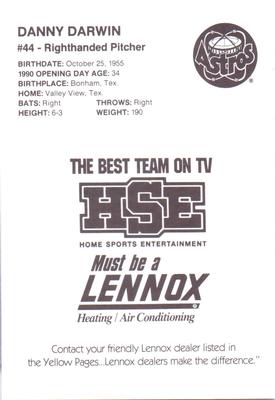 1990 HSE Lennox Houston Astros #NNO Danny Darwin Back