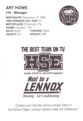 1990 HSE Lennox Houston Astros #NNO Art Howe Back