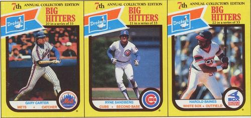 1987 Drake's Big Hitters Super Pitchers - Box Panels #20-22 Gary Carter / Ryne Sandberg / Harold Baines Front