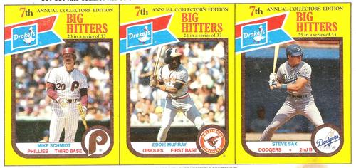 1987 Drake's Big Hitters Super Pitchers - Box Panels #23-25 Mike Schmidt / Eddie Murray / Steve Sax Front