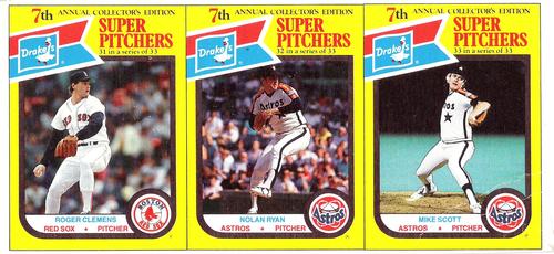 1987 Drake's Big Hitters Super Pitchers - Box Panels #31-33 Roger Clemens / Nolan Ryan / Mike Scott Front
