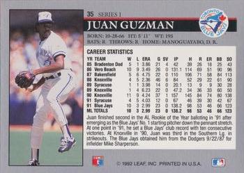 1992 Leaf #35 Juan Guzman Back