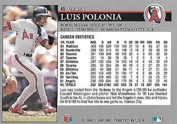 1992 Leaf #45 Luis Polonia Back