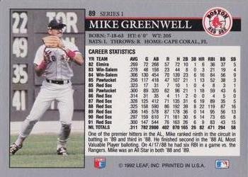 1992 Leaf #89 Mike Greenwell Back