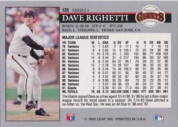 1992 Leaf #135 Dave Righetti Back