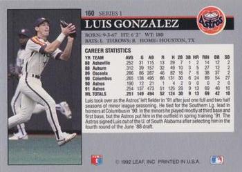 1992 Leaf #160 Luis Gonzalez Back