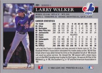 1992 Leaf #201 Larry Walker Back