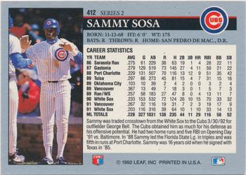 1992 Leaf #412 Sammy Sosa Back