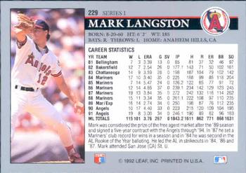 1992 Leaf #229 Mark Langston Back