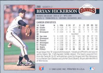 1992 Leaf #280 Bryan Hickerson Back