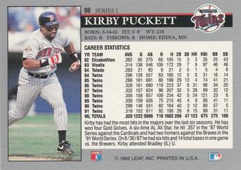 1992 Leaf #98 Kirby Puckett Back