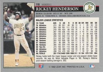 1992 Leaf #116 Rickey Henderson Back