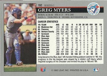 1992 Leaf #192 Greg Myers Back