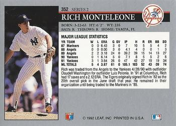 1992 Leaf #352 Rich Monteleone Back