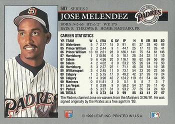 1992 Leaf #507 Jose Melendez Back