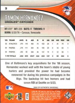 2006 SP Authentic #3 Ramon Hernandez Back