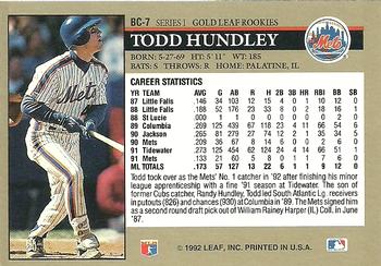 1992 Leaf - Gold Rookies #BC-7 Todd Hundley Back