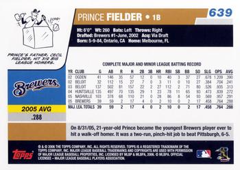 2006 Topps #639 Prince Fielder Back