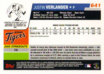 2006 Topps #641 Justin Verlander Back