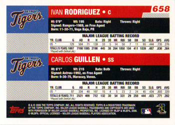 2006 Topps #658 Up the Middle (Ivan Rodriguez / Carlos Guillen) Back