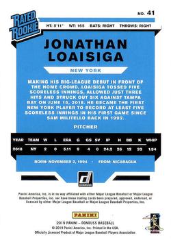 2019 Donruss #41 Jonathan Loaisiga Back