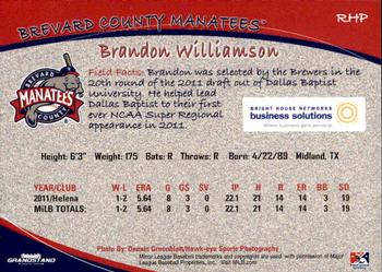 2012 Grandstand Brevard County Manatees #NNO Brandon Williamson Back
