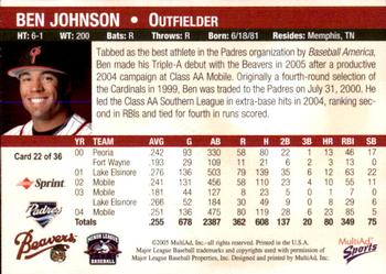 2005 MultiAd Portland Beavers #22 Ben Johnson Back