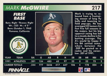 1992 Pinnacle #217 Mark McGwire Back
