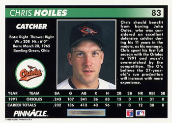 1992 Pinnacle #83 Chris Hoiles Back
