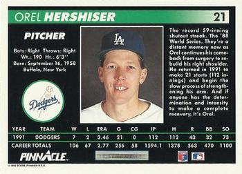 1992 Pinnacle #21 Orel Hershiser Back